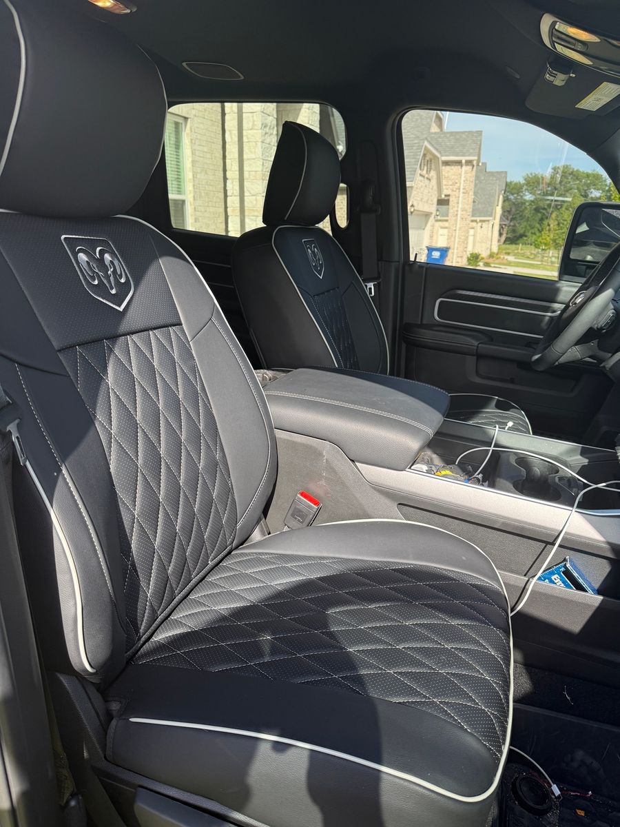 Black diamond rear seat covers with white piping