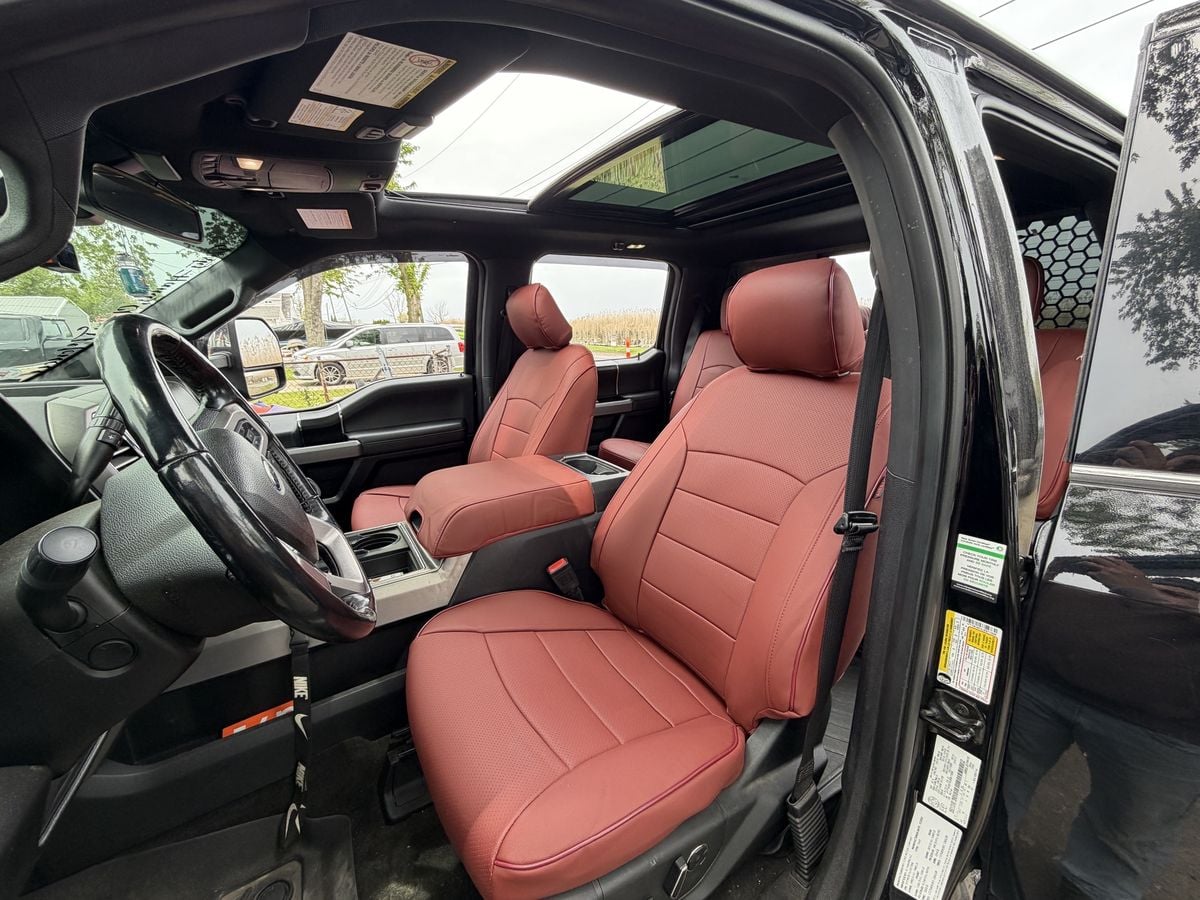 Tan front seat covers, wide view