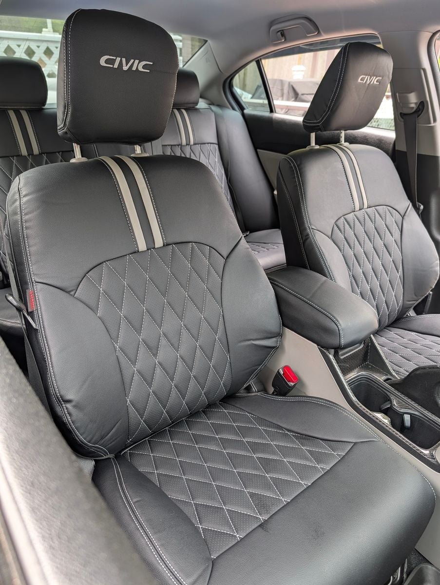 Black diamond seat covers with a tan stripe
